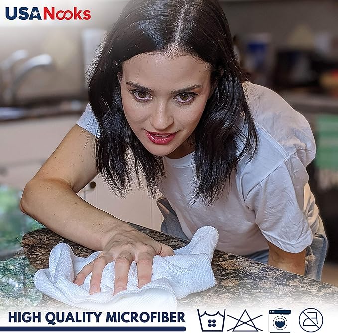 USANOOKS Microfiber Cleaning Cloth - White - 12Pcs (12.5x12.5 inch) High Performance - 1200 Washes, Ultra Absorbent Car Towel Traps Grime & Liquid for Streak-Free Mirror Shine - Car Washing Cloth