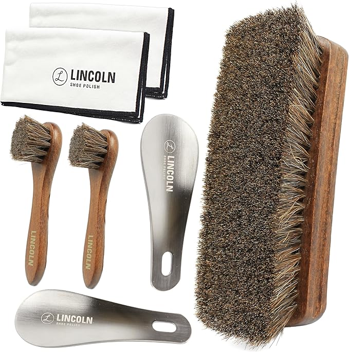 Lincoln Shoe Shine Brush Kit 7 Piece Set – Premium 100% Horsehair Brush Set with 6.7" Shine Brush, 2 Applicators, 2 Shoe Horns & 2 Soft Polish Cloths – Leather Shoe Care Kit for Men & Women