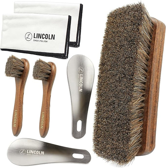 Lincoln Shoe Shine Brush Kit 7 Piece Set – Premium 100% Horsehair Brush Set with 6.7" Shine Brush, 2 Applicators, 2 Shoe Horns & 2 Soft Polish Cloths – Leather Shoe Care Kit for Men & Women