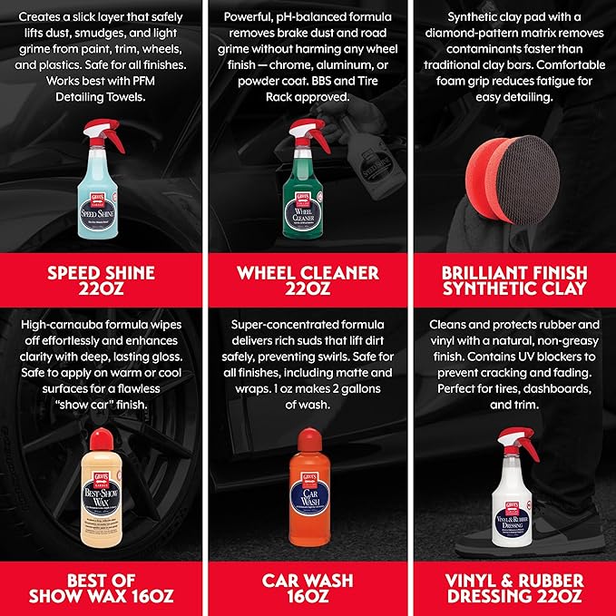 Griot's Garage Starter Car Care Kit, Vehicle Detailing Set, Includes Car Wash, Wax, Vehicle Detailer, Wheel Cleaner, Clay Bar, Vinyl and Rubber Dressing, 11131