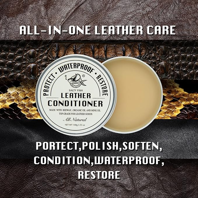 SALTY FISH All-Natural Leather Conditioner and Cleaner,Made with Mink Oil Beeswax,Protect Soften Waterproof Leather Furniture,Car Seats,Shoes,Boots,Bags (3.53 Oz with Sponge)