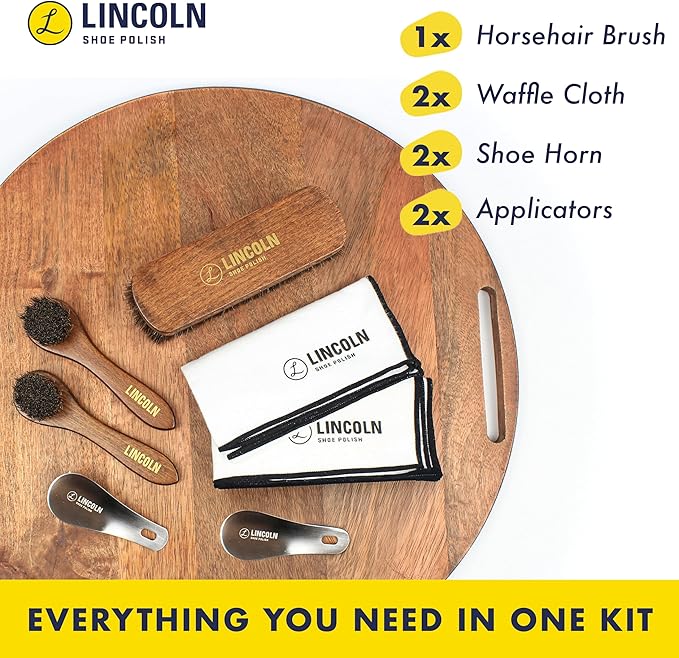 Lincoln Shoe Shine Brush Kit 7 Piece Set – Premium 100% Horsehair Brush Set with 6.7" Shine Brush, 2 Applicators, 2 Shoe Horns & 2 Soft Polish Cloths – Leather Shoe Care Kit for Men & Women