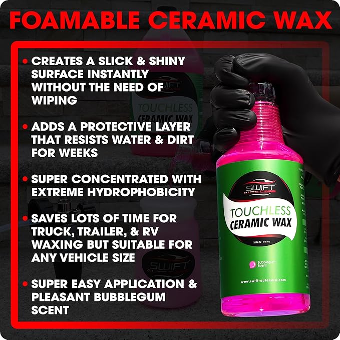 Swift Touchless Ceramic Foamable Wax (1 Gallon) – Spray On/Rinse Off For High-Gloss, Hydrophobic Protective Layer | For Foam Cannon & Foam Pump Sprayer After Car Wash | Wax Cars, Trucks, RV’s & More!