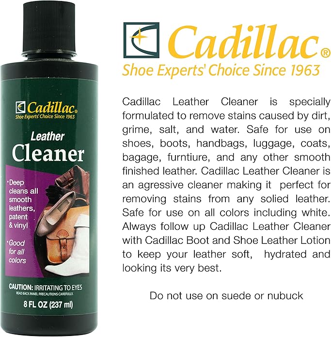 Cadillac Leather Cleaner - Great for Shoes, Boots, Handbags, Car Upholstery, Furniture- Removes Surface Dirt, Grime, Salt and More From Finished Leathers