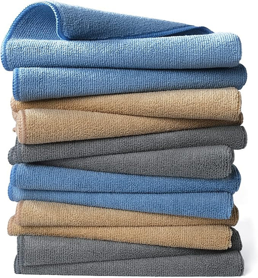 POLYTE Microfiber Cleaning Towel (16x16, 12 Pack Professional, Blue,Camel,Gray)