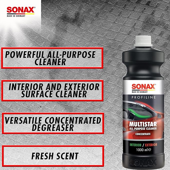 SONAX MultiStar All Purpose Cleaner | Pro-Strength Concentrate for Interior & Exterior Cleaning | Safe on Carpet, Upholstery & Wheel Wells | Removes Grease, Grime & Organic Stains | 627341 | 1L