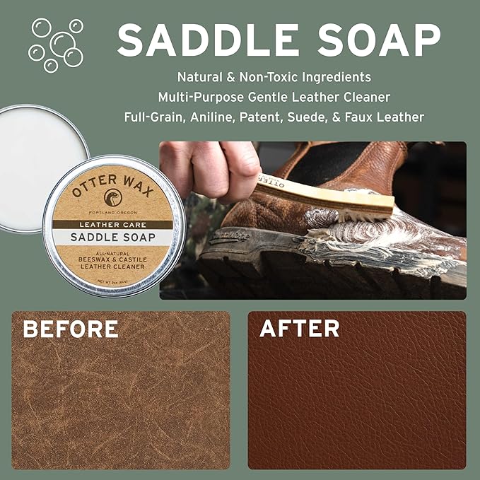 Otter Wax Leather Care Kit | 100% All-Natural Leather Care Products | Made In The USA | Includes Saddle Soap & Leather Salve | Color Safe | Ideal for Shoes, Boots, Jackets, Car Interiors