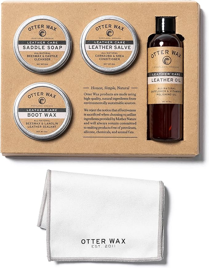 Otter Wax Leather Care Kit | 100% All-Natural Leather Care Products | Made In The USA | Includes Saddle Soap & Leather Salve | Color Safe | Ideal for Shoes, Boots, Jackets, Car Interiors