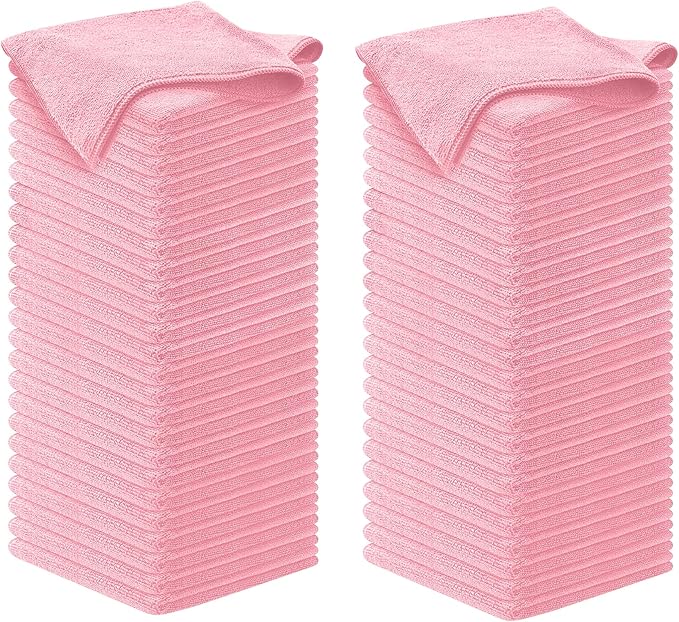USANOOKS Microfiber Cleaning Cloth Light Pink - 100 Pcs 12.5"x12.5" - High Performance - 1200 Washes, Ultra Absorbent Towels Weave Grime & Liquid for Streak-Free Mirror Shine - Car Washing Cloth