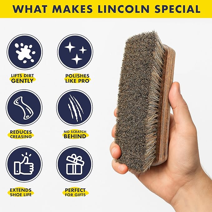 Lincoln Shoe Shine Brush Kit 7 Piece Set – Premium 100% Horsehair Brush Set with 6.7" Shine Brush, 2 Applicators, 2 Shoe Horns & 2 Soft Polish Cloths – Leather Shoe Care Kit for Men & Women