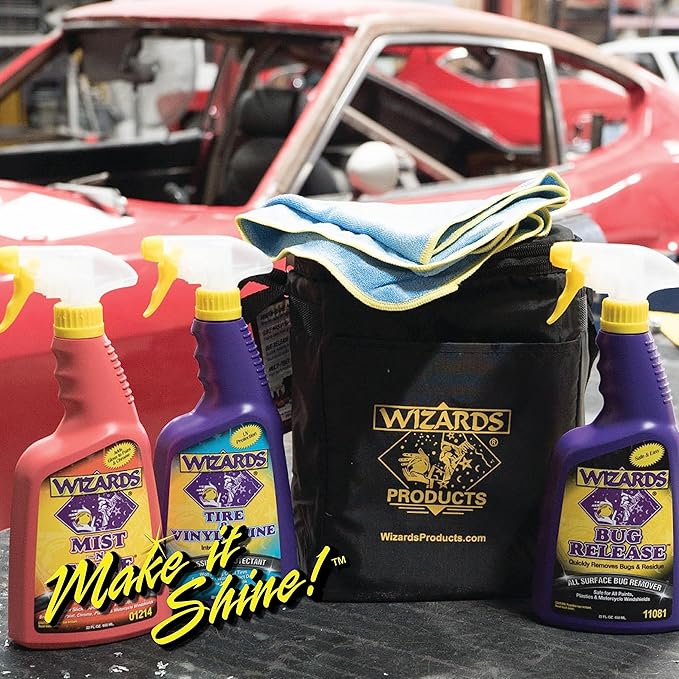 Wizards 5 Piece Car Detailing Kit - Beginner Friendly Professional Car Detailing Kit - Car Accessories for Men - Comes with a Microfiber Towel, Storage Bag and 22 oz Spray Bottles