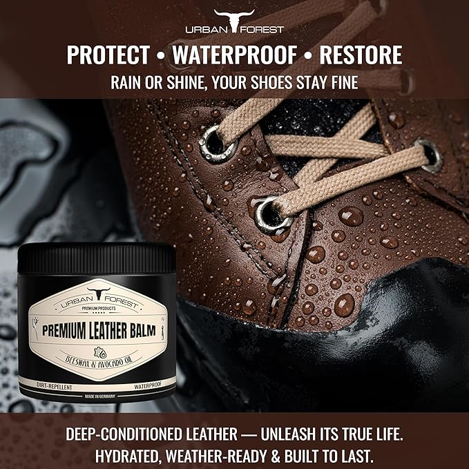 URBAN FOREST Leather Care Conditioner with real Beeswax & Avocado Oil 500 ml - Premium Waterproof Leather Balm for Car Seats, Furniture, Sofa, Couch, Bags, Shoes, Horse Tack, Saddles, Made in Germany