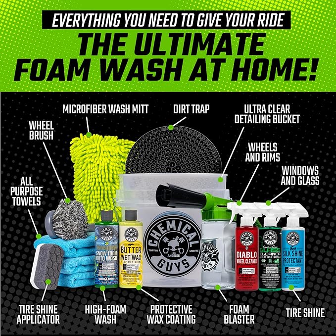 Chemical Guys Car Wash Kit 14-Pc Arsenal Builder - with Foam Blaster, Wash Bucket, Towels, Applicators, and 16 oz Soaps, Waxes, and Cleaners - Complete Car Detailing Gift Set, Works with Garden Hose