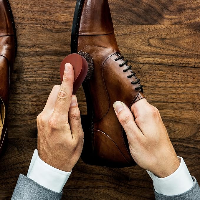 Premium Shoe Polish Brush Set - Horse Hair Brushes, Shoe Polish Applicator for Leather Footwear - Shoe Brushes for Cream & Polish - Made of White Horse Hair & Lotus Wood Handle