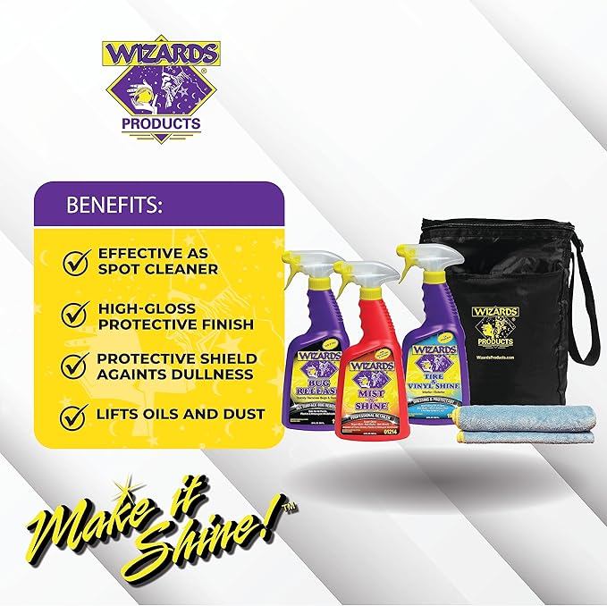 Wizards 5 Piece Car Detailing Kit - Beginner Friendly Professional Car Detailing Kit - Car Accessories for Men - Comes with a Microfiber Towel, Storage Bag and 22 oz Spray Bottles