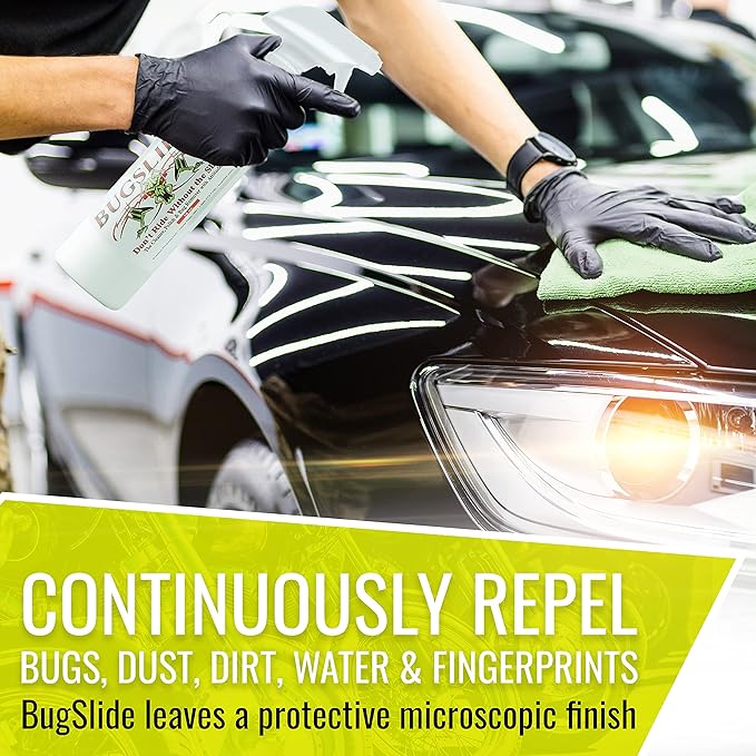 BugSlide 16 Oz Shop Kit Cleaner and Polisher with Microfiber Towel, Tree Sap Remover, Waterless Detailer for Removing Bugs Without Scratching, Shining and Degreasing All Surfaces